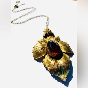 Vintage Large Leaf And Gemstone Pendant Necklace